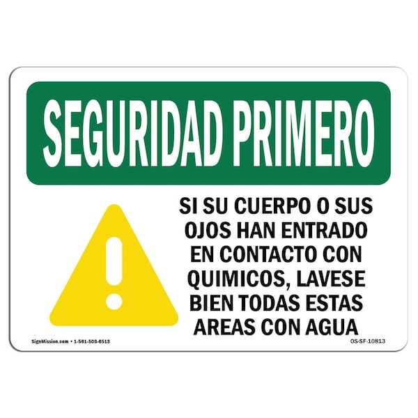 OSHA Sign, If You Get Chemicals On Your Spanish, 18in X 12in Aluminum, 18" W, 12" H, Landscape